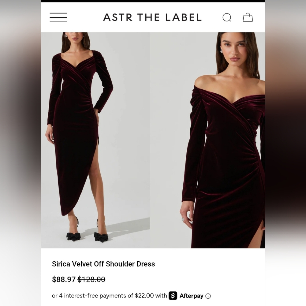 Astr Sirica Velvet Off Shoulder Dress. Small. Red Wine.